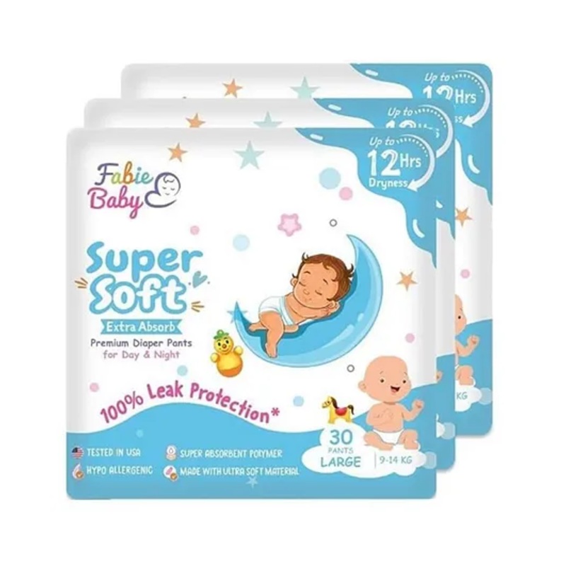 Fabie Baby Premium Diapers Large Size (30Pcs) 12 Hours Absorption Anti Rash diapers & Tested In USA – Pack of 3