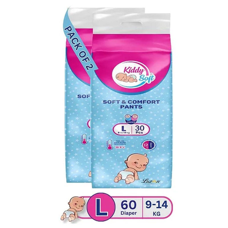 KiddySoft Baby Diaper Pants | Super Absorbent with Criss Cross Layer | Up to 12 Hours Protection | Softest Top Sheet | Comfortable Fit | Large (9-14 KG) | Pack of 2 (60 Diapers )
