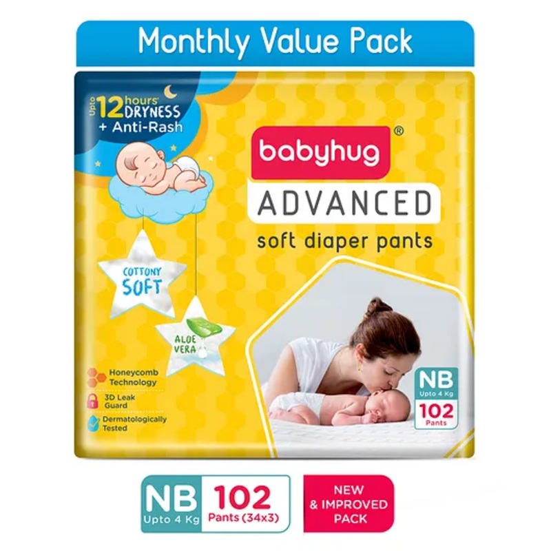 Babyhug Advanced Pant Style Diaper New Born (NB) Size Monthly Box Pack – 102 Pieces, Honeycomb Technology, Cottony Soft Diaper with 3D Leak Guard, Latex & Alcohol Free, Anti-rash & Gentle
