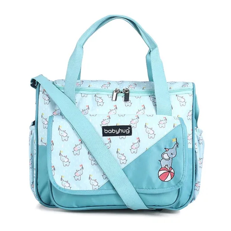 Babyhug Multipurpose Diaper Sling Bag Elephant Print – Light Blue| Adjustable Shoulder Strap| Insulated Bottle Pouches| Water Resistant| Carry Handle