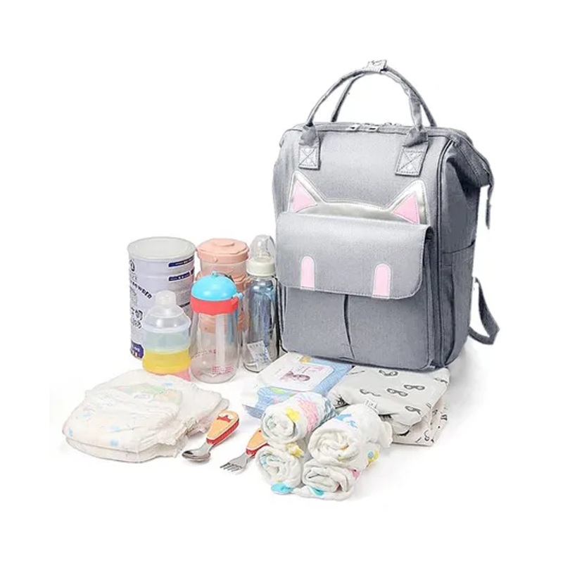 Babymoon Multifunction Diaper Backpack Style Kitty Print Diaper Bag – Grey