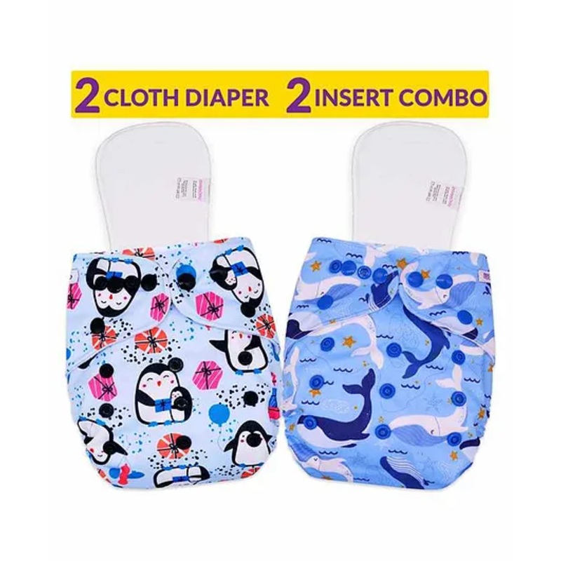 Bembika Cloth Diapers with Inserts Penguin Print Set of 2 – Blue