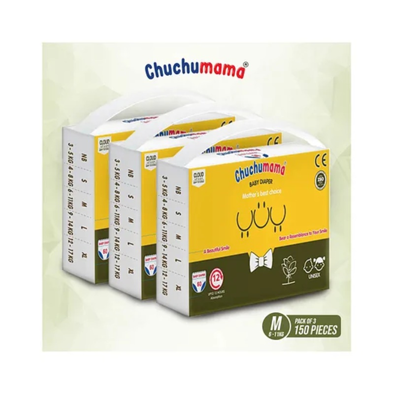 Chuchumama Taped Style Baby Diaper, Medium (M) Size, 6 – 12 kg, Combo Pack of 3, 50 count Per Pack, 150 count, 12 hrs Absorption and Cottony Soft Material