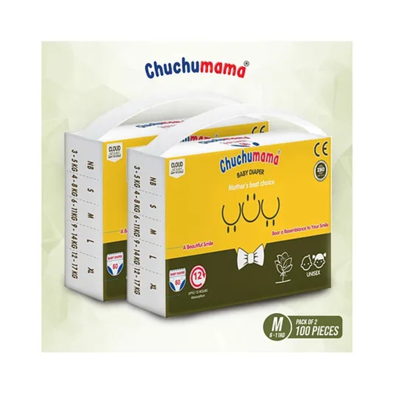 Chuchumama Taped Style (VELCRO) Baby Diaper, Medium (M) Size, 6 – 12 kg, Combo Pack of 2, 50 count Per Pack, 100 count