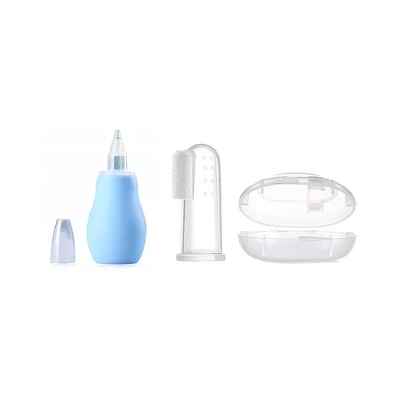 Enorme Baby Silicone Blue Nose Cleaner Nasal Aspirator and Baby Silicone Finger Toothbrush with case for Babies