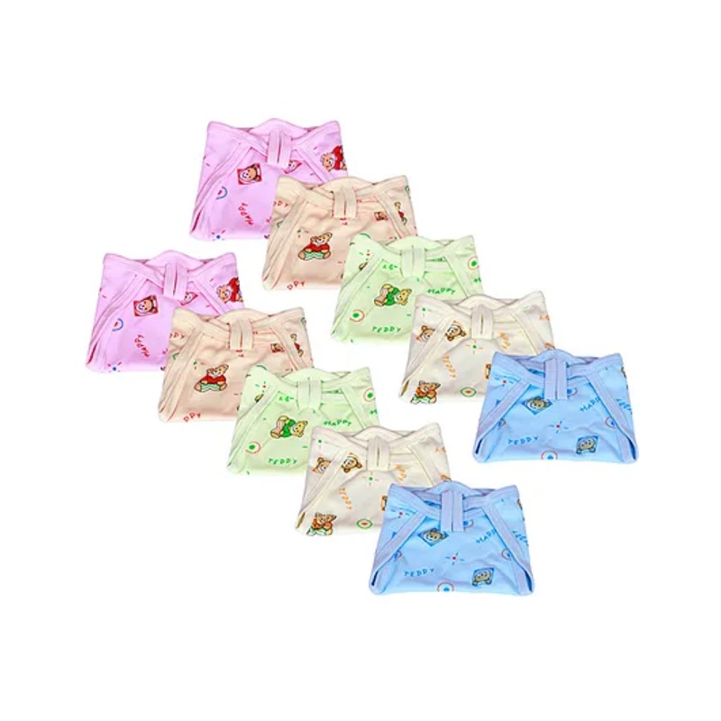 Little Boo Cloth Nappy Reusable washable Diapers String Tie Up Newborn Teddy Print – Set Of 10 Multicolor