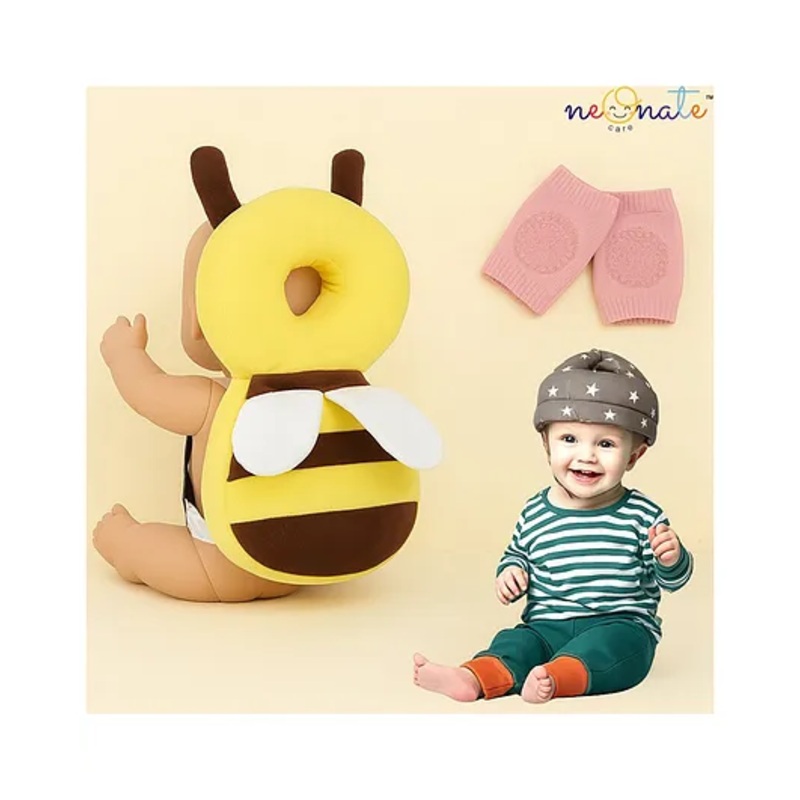 NeonateCare safety combo of Baby Helmet Head Protector and knee pads (Grey star helmet Yellow Head protector and multicolor knee pads) – Multi