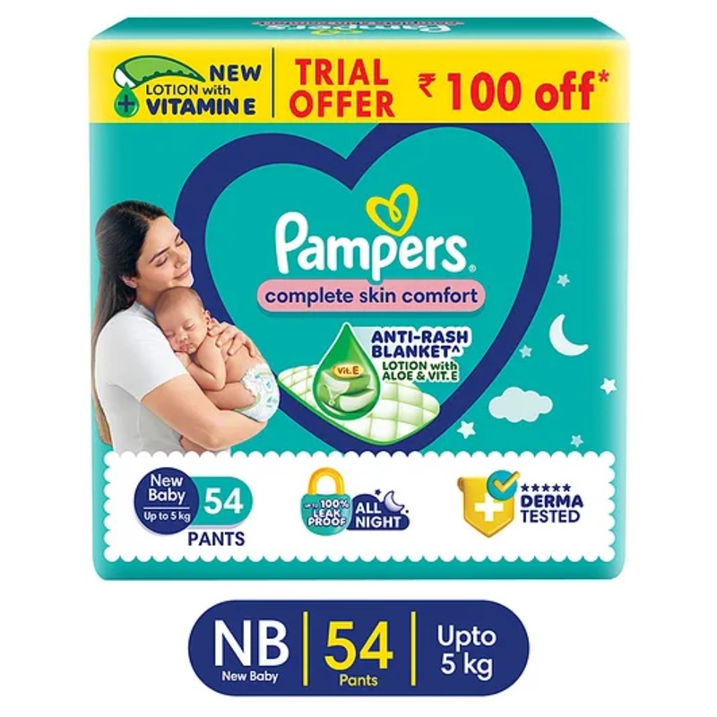 Pampers Complete Skin Comfort Pants, Anti-rash blanket, Lotion with Vitamin E & Aloe Vera, New Born size baby Diapers, (Nb) 54 Count, upto 5  kg