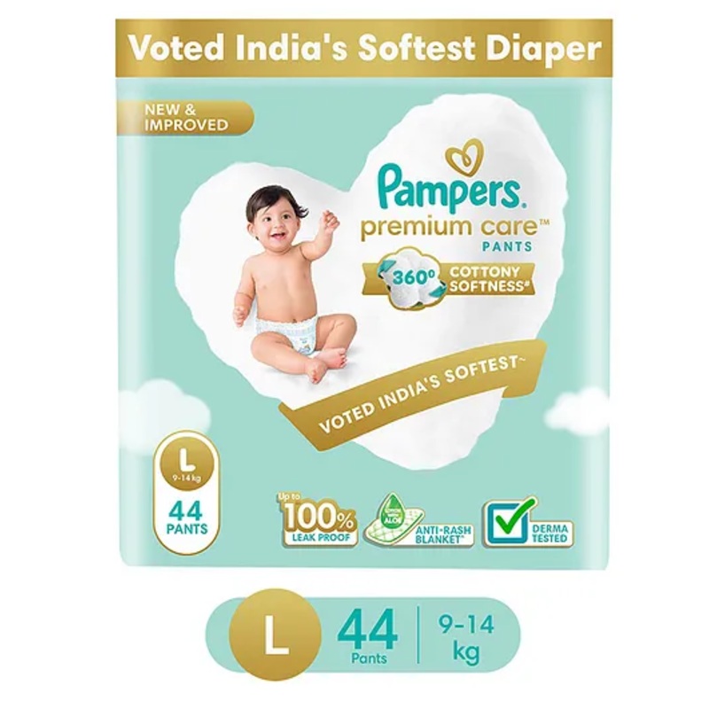 Pampers Premium Care Pants, Large size baby diapers (L), 44 Count, Softest ever Pampers pants