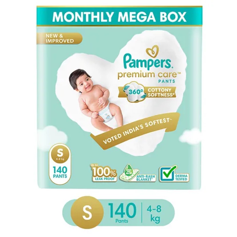Pampers Premium Care Pants, Small size baby diapers (S), 140 Count, Softest ever Pampers pants