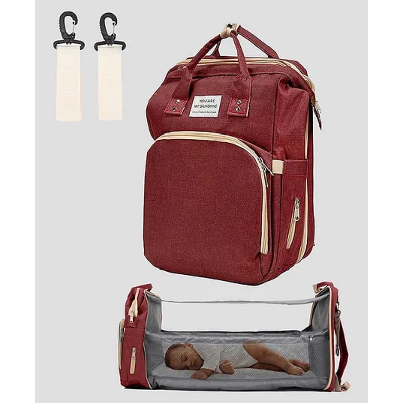 Tinyberg 3-in-1 RestNest Baby Diaper Bag With Foldable Baby Bed & Changing Station,11 Pockets, Usb Port – Royal Maroon
