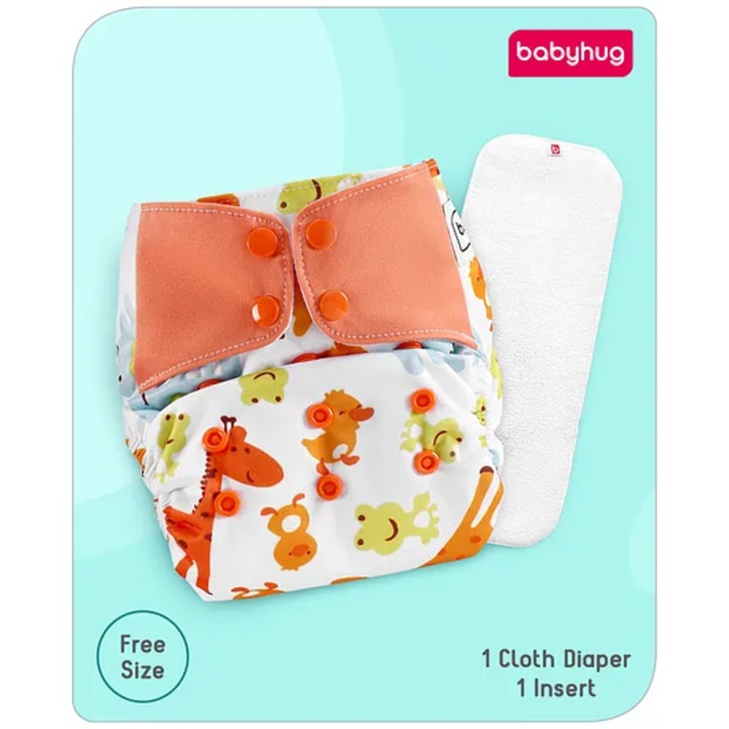 Babyhug Free Size Reusable Contrast Flap Closure Cloth Nappies With Insert Animal Print – White Orange