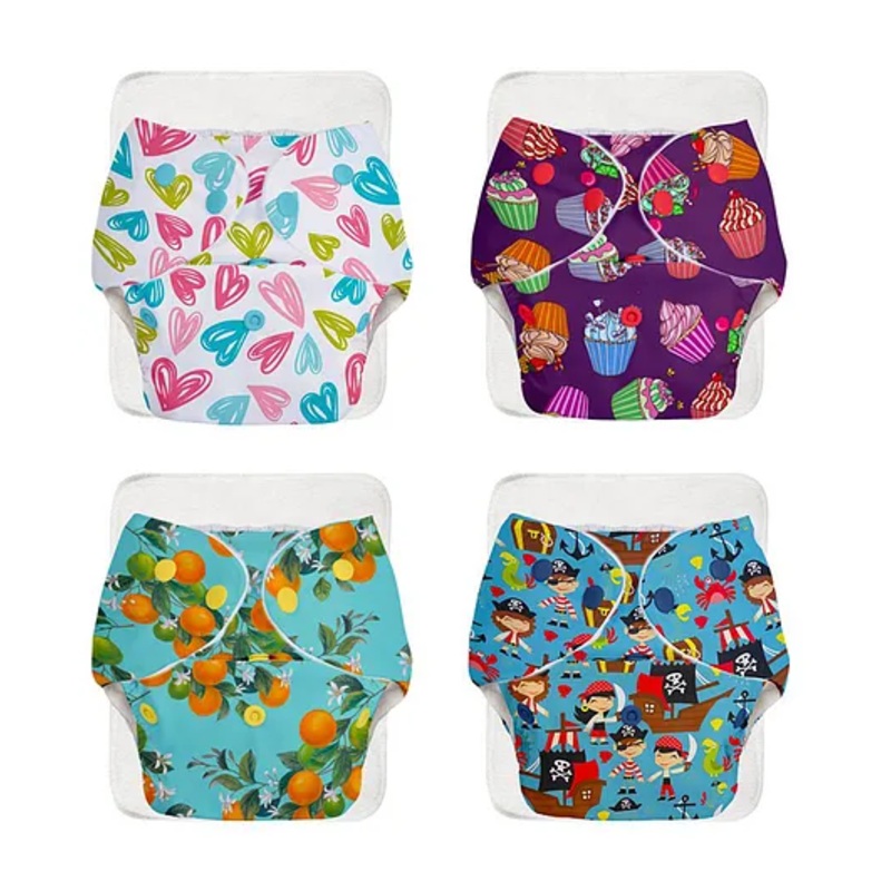BASIC Assorted Pack of 4 Diapers with 4 Dry feel Inserts – Freesize cloth diapers | Reusable cloth diapers for babies – Fits babies from 0-3 years – 5-17kgs | Option 6, 7 kg to 17 kg