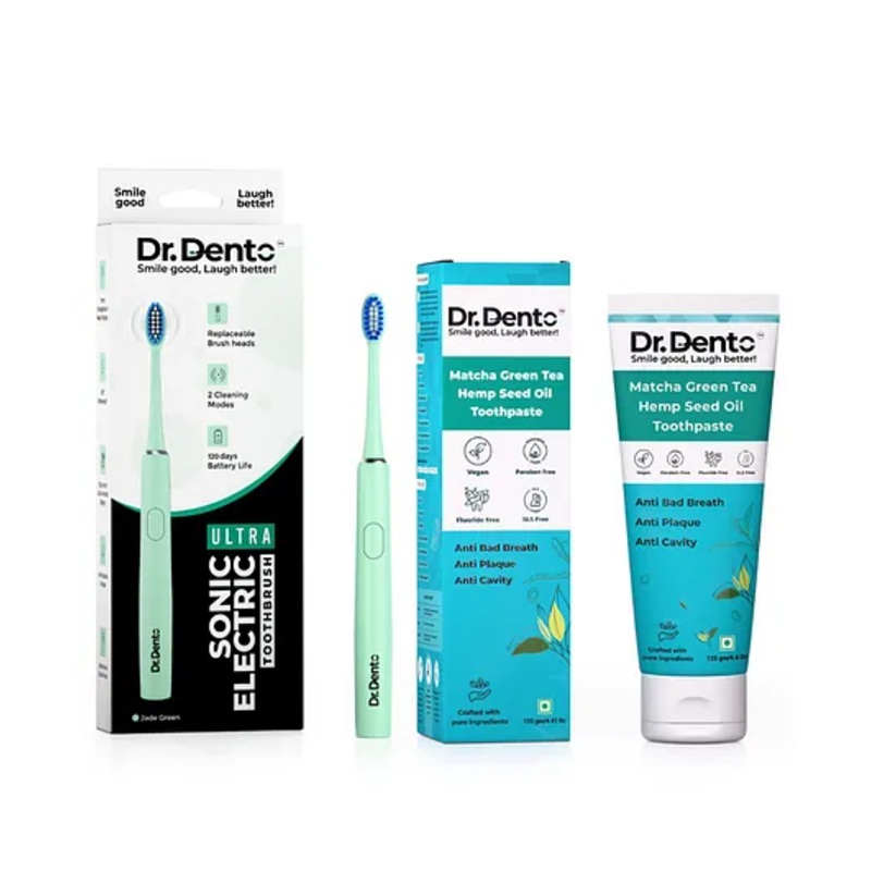 Dr.Dento Ultra Sonic White Electric Toothbrush with Matcha Green Tea Toothpaste (125g) | Waterproof Design | Ergonomic Grip | Smart Timer | Vegan Ingredients