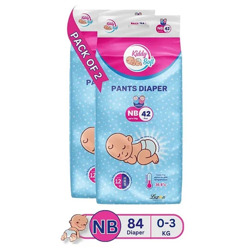 KiddySoft Baby Diaper Pants | Super Absorbent with Criss Cross Layer | Up to 12 Hours Protection | Softest Top Sheet | Comfortable Fit | New Born (0-3 KG) | Pack of 2 (84 Diapers )