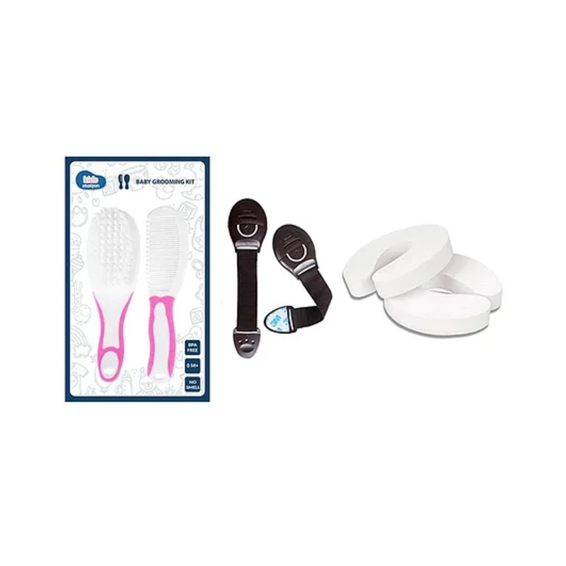 Kids Station Made in India Baby Safety Lock. Baby Proofing Finger Pinch Door Guard and Grooming Kit Combo Pack for Kids, Babies & Pet Safety (Multi, 2 Lock Brown+2 Door Stopper+1 Grooming Kit Pink)