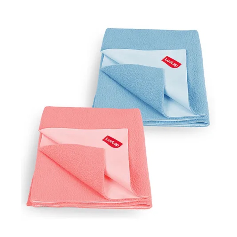 LuvLap Instadry Anti-Piling Fleece Quick Dry Baby Bed Protector Sheet, Waterproof, 70x50cm, Pack of 2, Sky Blue & Salmon Rose