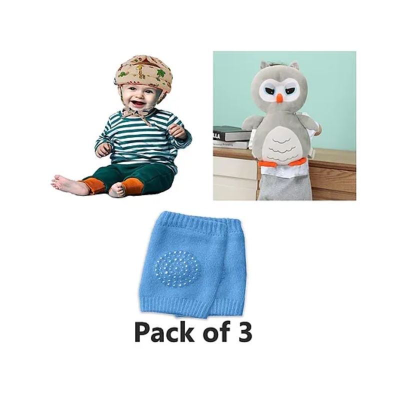 NeonateCare Baby safety Combo of Baby Helmet and Baby Head Protector Cushion Backpack with knee pads (Cream Jungle + Grey Head protector + knee pads) (pack of 3)