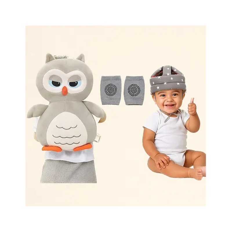 NeonateCare safety combo of Baby Helmet Head Protector and knee pads (Grey star helmet Grey Owl Head protector and multicolor knee pads) – Grey