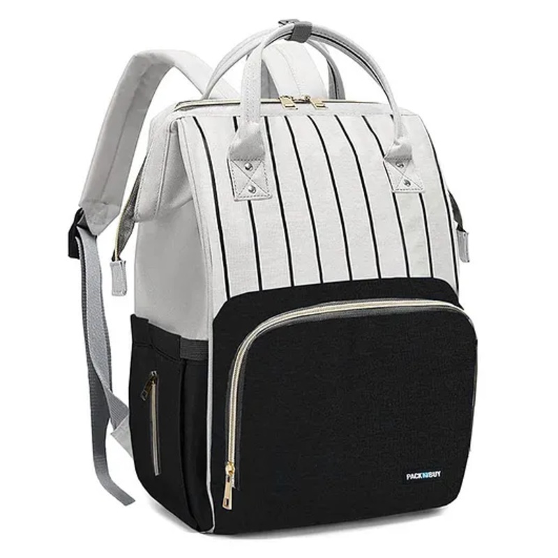 PACKNBUY Diaper Bag Backpack Stylish Stripe Pattern  Black Grey