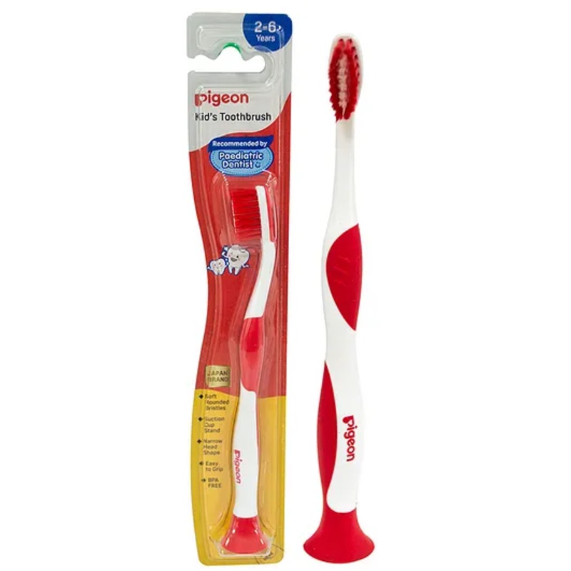 Pigeon Kids Toothbrush BPA Free with Suction Cup Stand – Red