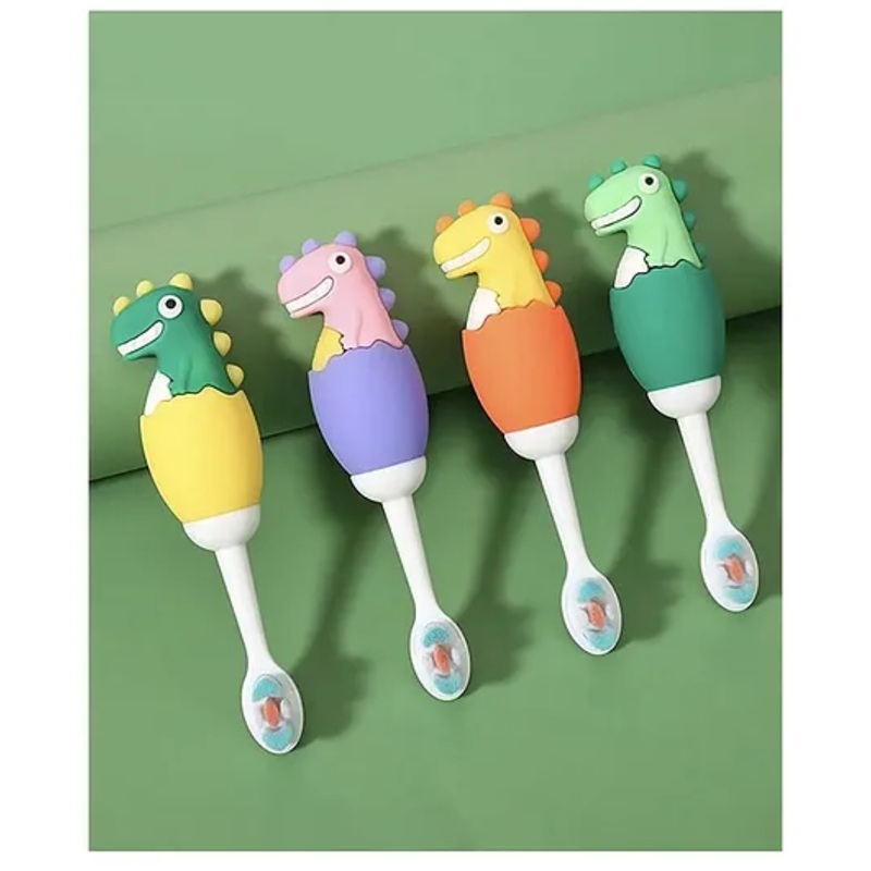 ARCADE TOYS Cute Dino Design Soft Toothbrush For Babies And Kids Extra Microfiber Soft Bristles With Silicone Grip – (Pack of 3) Color And Design May Vary)