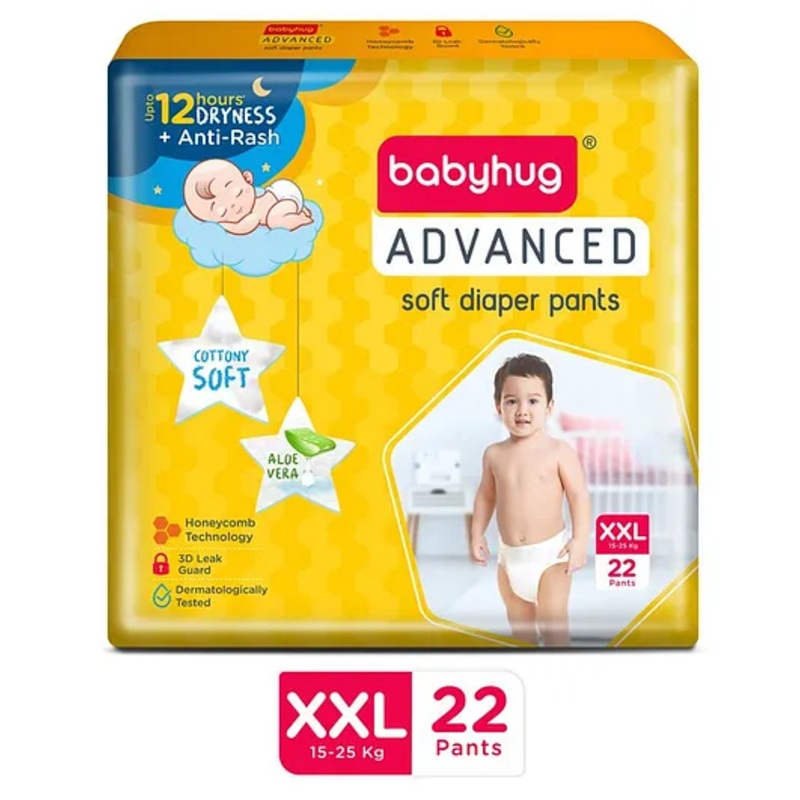 Babyhug Advanced Pant Style Diapers XXL – 22 Pieces, Honeycomb Technology, Cottony Soft Diaper with 3D Leak Guard, Latex & Alcohol Free, Anti-rash & Gentle
