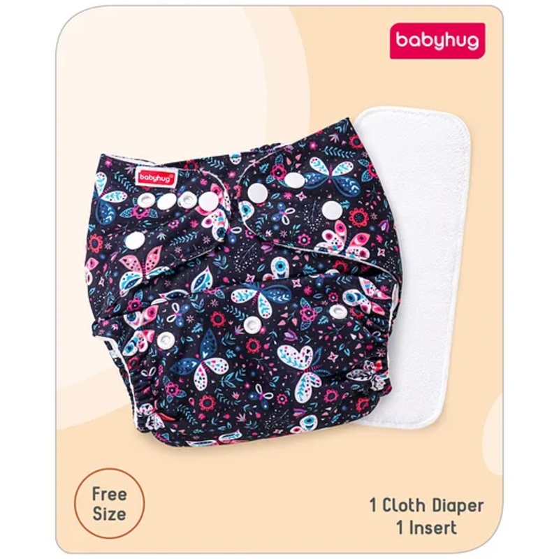 Babyhug Free Size Reusable Cloth Diaper with Smart Dry Insert Combo Butterfly Print- Navy Blue