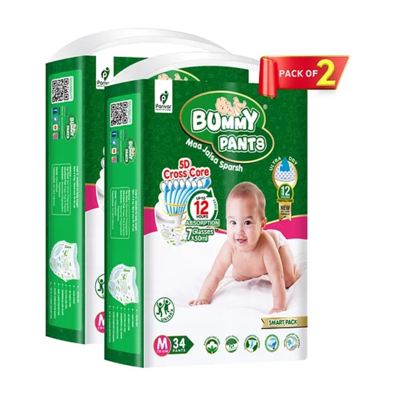 Bummy Pants  Super Dry Baby Diaper in Medium size, 68 Count Diapers, 5D Core, Anti-Rash Layer, 12Hrs Protection, 7-12kg – 68 Pieces