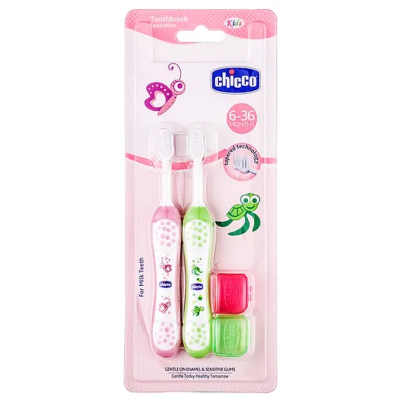 Chicco Ultra Soft Bristles Toothbrush Turtle & Butterfly Print Pack of 2 – Green & Pink