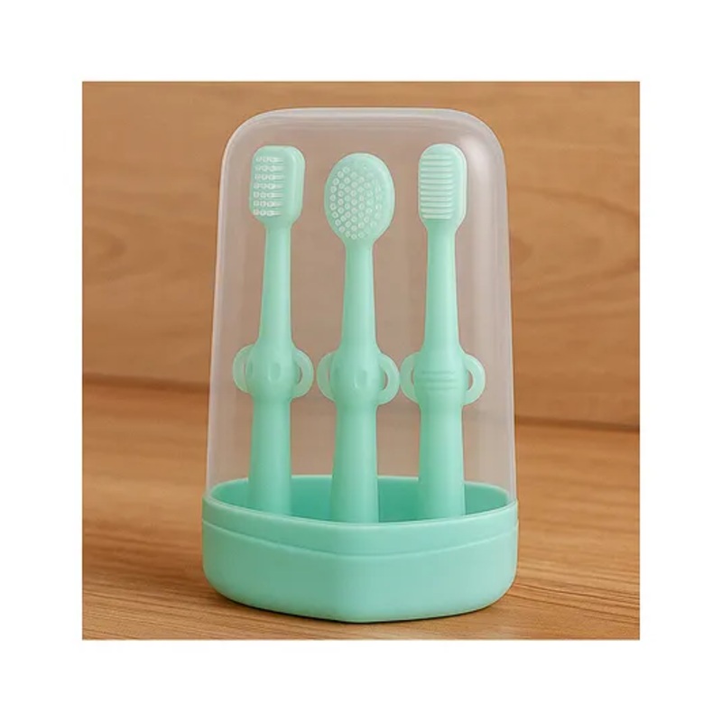 KIDS BASIC Baby Toothbrush 3 In 1 Silicone Toothbrush Set – Green