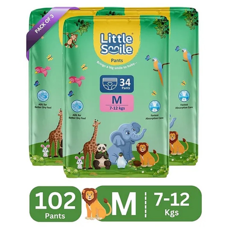 Little Smile Better Dry Feel Baby Diaper Pants | Pack of 3 – M (102 Pieces)