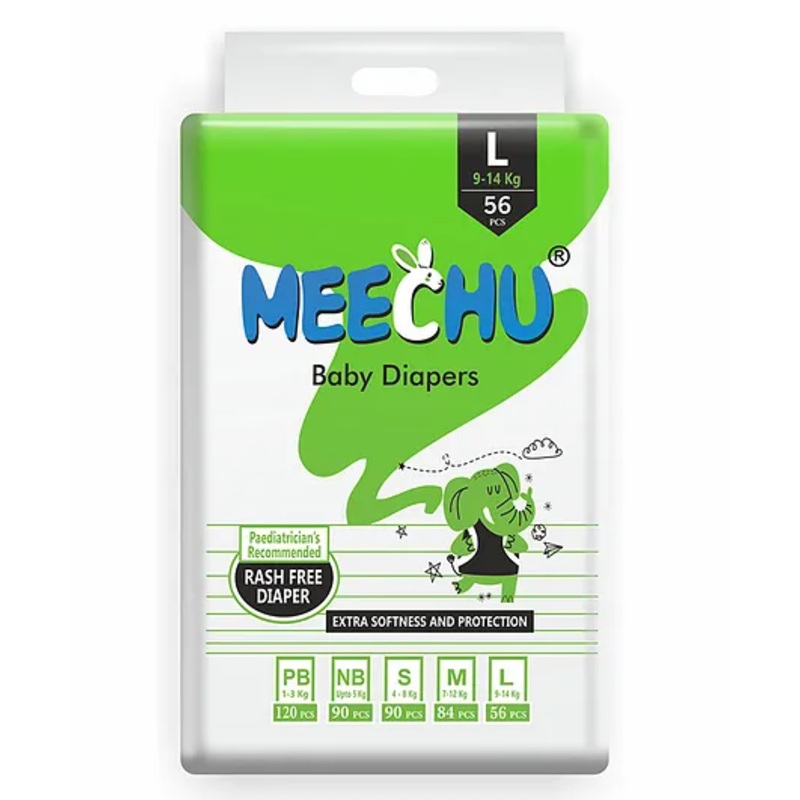 Meechu Baby Tape Style Diapers Super Saver Jumbo Pack Large – 56 Pieces