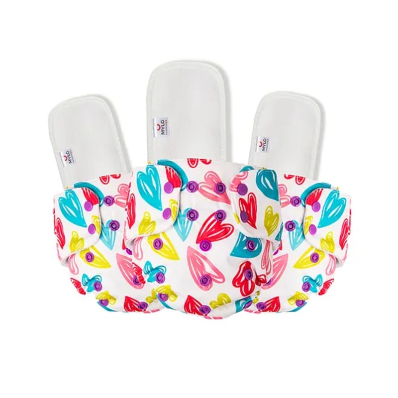 Mylo Baby Freesize Adjustable Cloth Diapers with 3 Free Insert Oeko Tex Certified Pack of 3 Heart Doodles – Multicolour