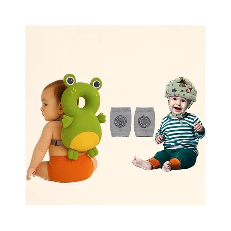 NeonateCare safety combo of Baby Helmet Head Protector and knee pads (Green jungle helmet Green frog head protector and multicolor knee pads) – Multi