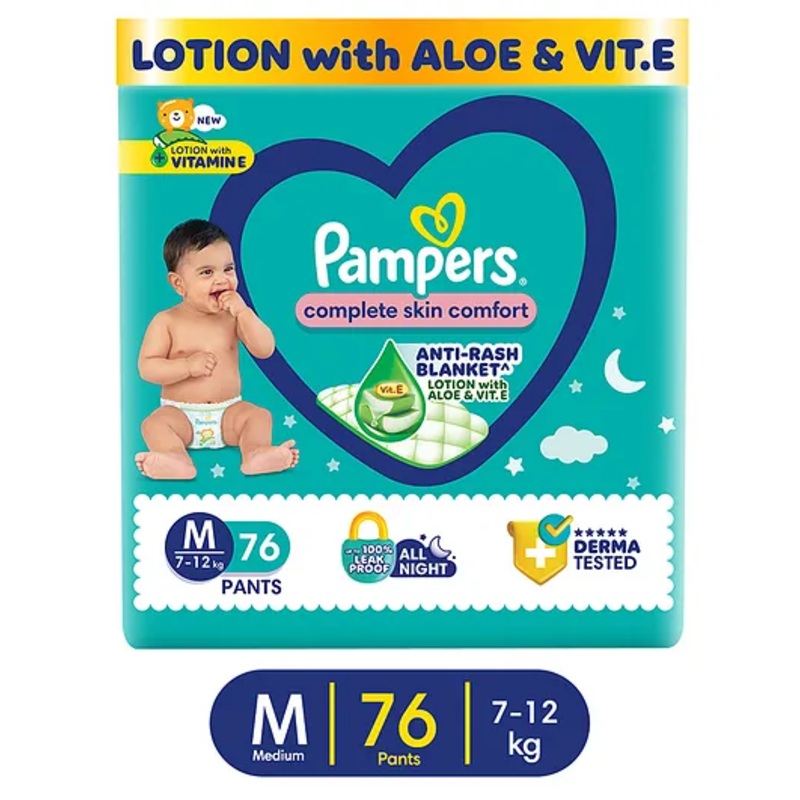 Pampers Complete Skin Comfort Pants, Anti-rash blanket, Lotion with Vitamin E & Aloe Vera,  Medium size baby Diapers, (M) 76 Count, 7-12 kg