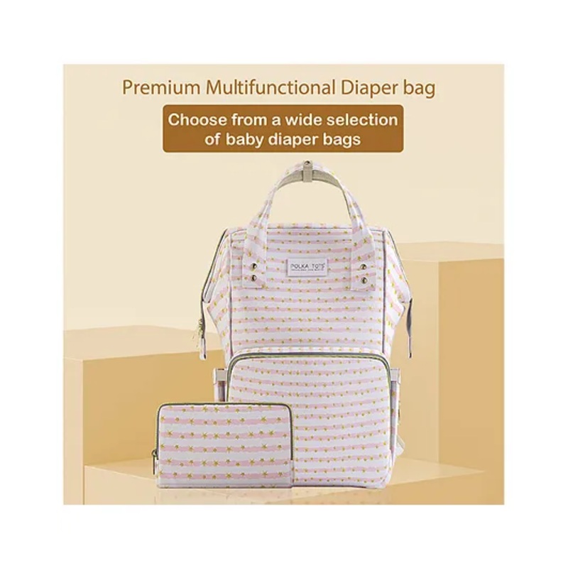 Polka Tots Stylish Premium Diaper Bag for Moms  17+ Pockets Multifunctional Backpack With Additional Pouch | Star Print (Peach)