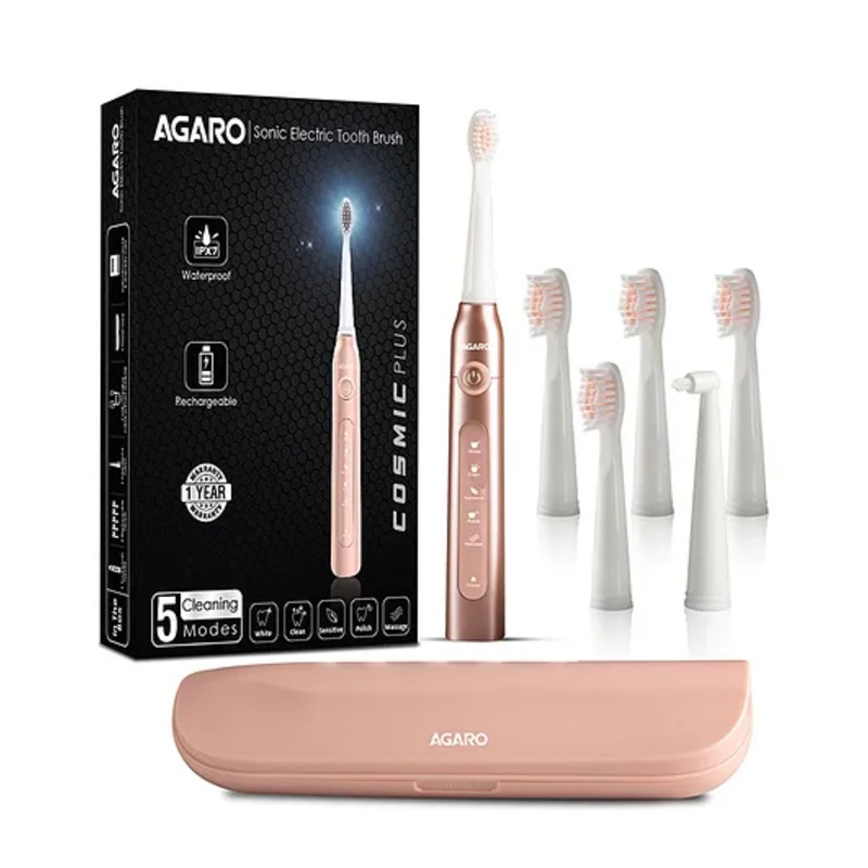 AGARO Cosmic Plus Sonic Electric Toothbrush for Adults, 5 Modes, 5 Brush Heads, Interdental Head, Carry Case, Rechargeable Rosegold