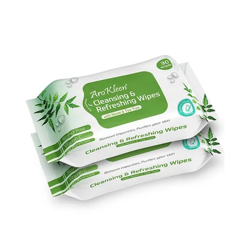 Arokleen Natural Daily Cleansing & Refreshing Wet Wipes With Neem & Tea Tree | Facial Wipes | Alcohol Free, Vitamin C & pH Balanced| Removes Oil & Dirt & Moisturizes Skin |Make Up Remover Wet Wipes- Clinically Tested- 60 WIPES ( PACK OF 2 )