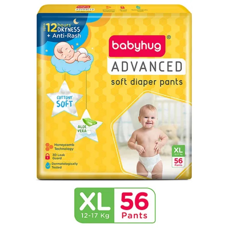 Babyhug Advanced Pant Style Diapers Extra Large (XL) Size   – 56 Pieces, Honeycomb Technology, Cottony Soft Diaper with 3D Leak Guard, Latex & Alcohol Free, Anti-rash & Gentle