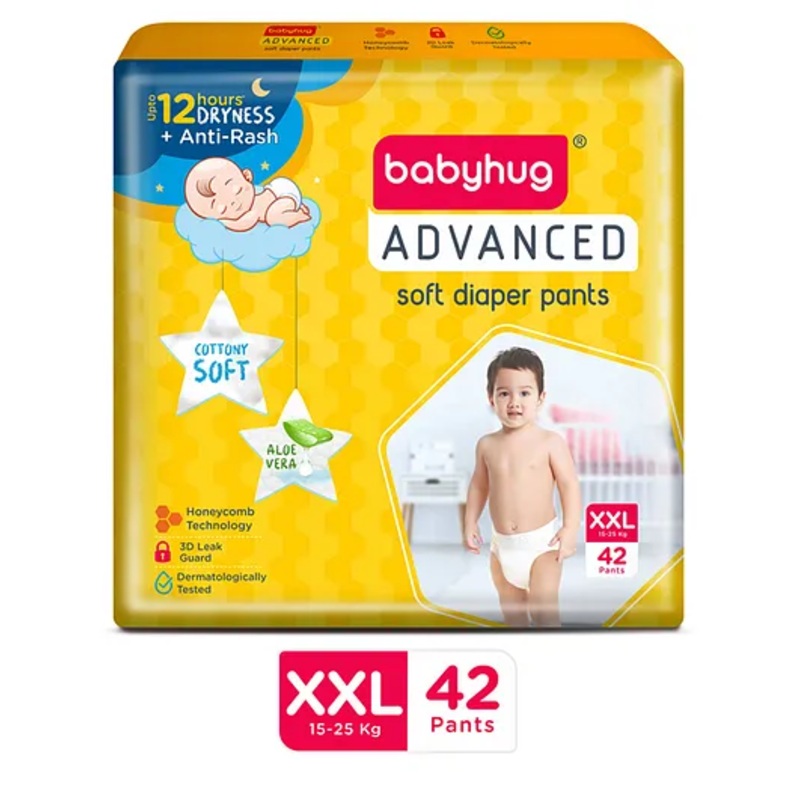 Babyhug Advanced Pant Style Diapers XXL – 42 Pieces, Honeycomb Technology, Cottony Soft Diaper with 3D Leak Guard, Latex & Alcohol Free, Anti-rash & Gentle