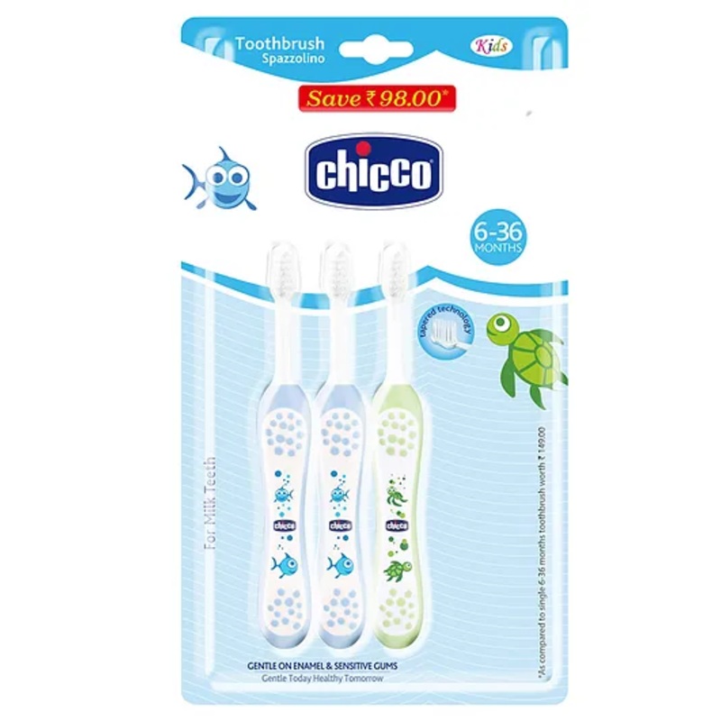Chicco Toothbrush Turtle & Fish Print Pack of 3 – Blue & Green