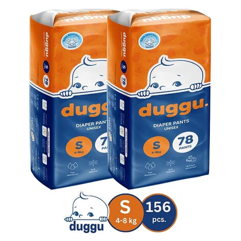 Duggu Baby Diaper Pants | Feather-Like Cotton Feel | Up to 10-Hour Absorption | Soft Elastic Waistband | Highly Absorbent | Small | 4-8 KG | Pack of 2 – 156 Diapers