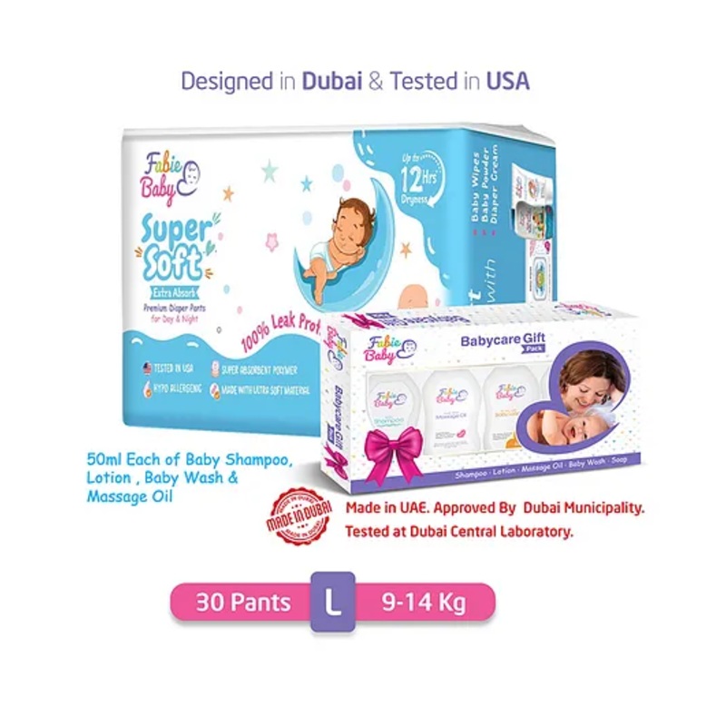 Fabie Baby Diaper Pants Large (30Pcs) Shampoo (50ml) Baby Wash (50ml) & Massage Oil (50ml) Miniature Kit