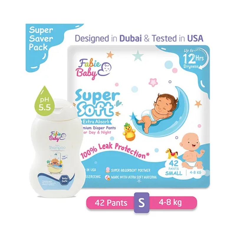 Fabie Baby Pant Style Diaper Small Size (42Pcs) with Baby Shampoo (250ml) Combo – Pack of 2