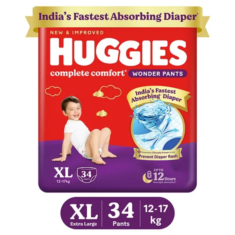 Huggies Complete Comfort Wonder Pants, India’s Fastest Absorbing Diaper | XL Size, 34 Diapers