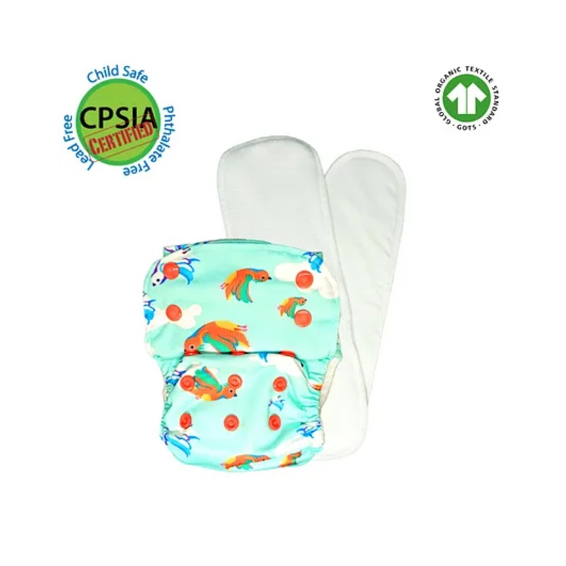 Kindermum Birdie Nano AIO Cloth Diaper with2 organic cloth inserts- Green