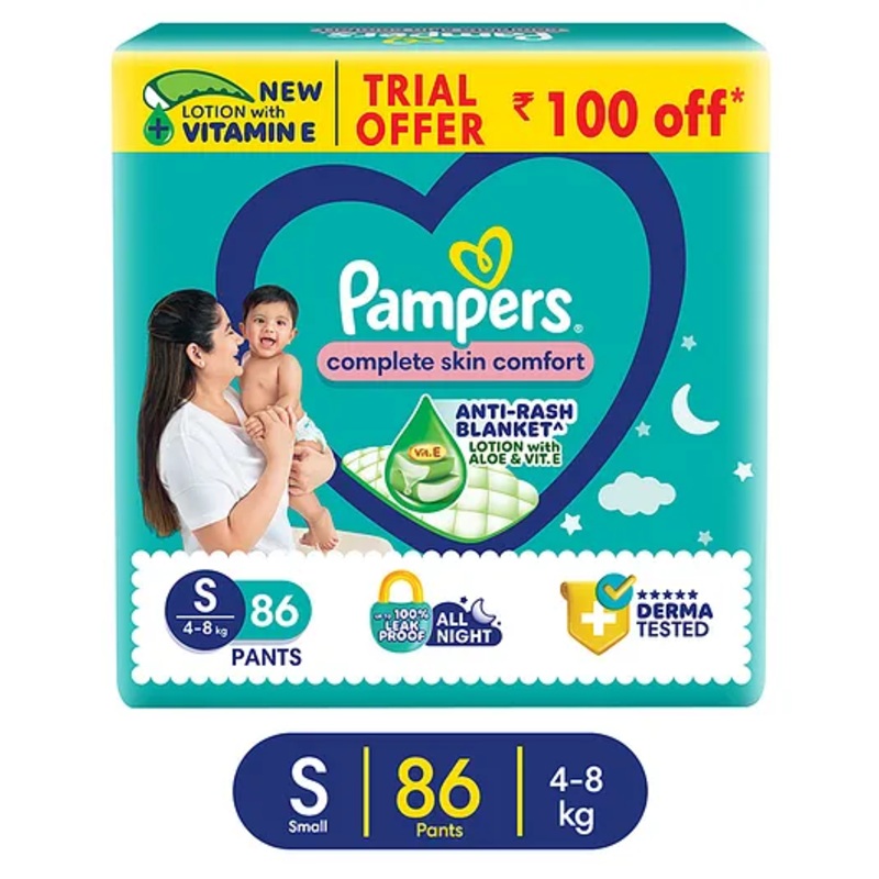 Pampers Complete Skin Comfort Pants, Anti-rash blanket, Lotion with Vitamin E & Aloe Vera, Small size baby Diapers, (s) 86 Count, 4-8  kg