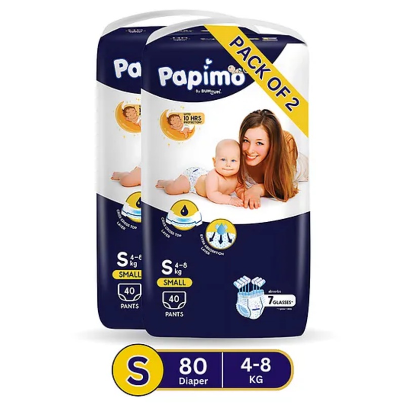Papimo Baby Diaper Pants  | 12 Hours Absorption with Criss-Cross Technology | Cottony Soft & Breathable | Aloe Vera Infused | Wetness Indicator | Small (4-8 KG) | Pack of 2 (80 Diapers)