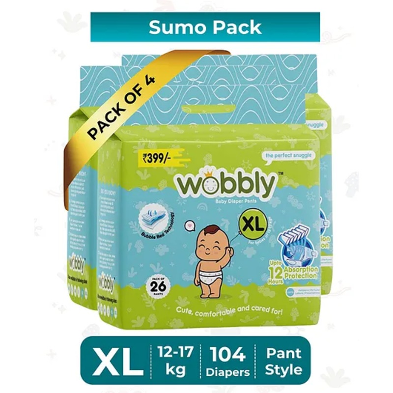 Wobbly Baby Diaper Pants | Extra Large (XL) Size 12-17kgs – 104 count